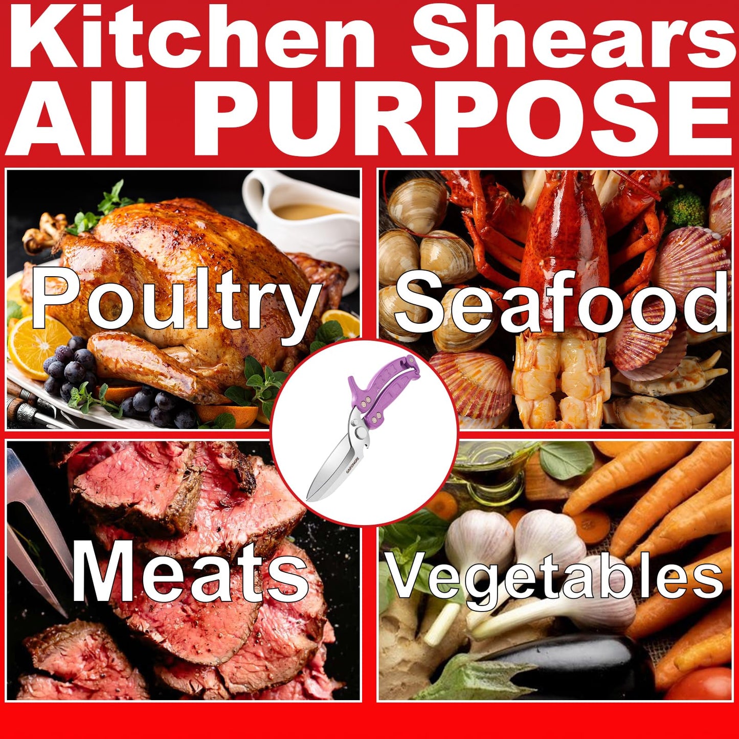 Heavy Duty Poultry Shears,Kitchen Shears for food Heavy Duty,Kitchen Scissors All Purpose,Rigid,Chicken,Fish,Meat,Easily Separable for Thorough Cleaning,Dishwasher Safe（PURPLE）