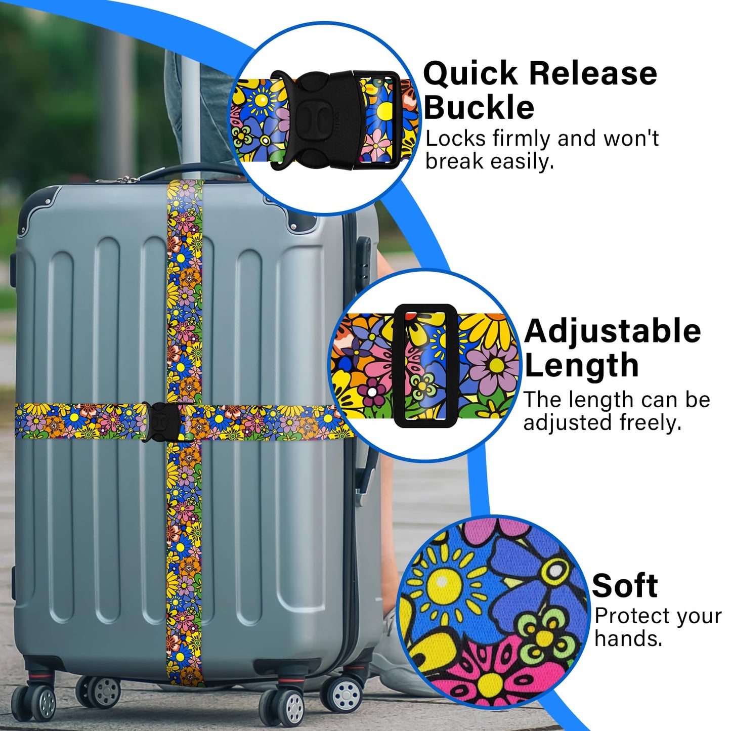 2 Pack Luggage Straps for Suitcases, Adjustable Travel Belt with Double Lock and Quick Release Buckle, Heavy Duty Nylon Bag Packing Strap, Bright Identifiers Business Travel Accessories-Sun Flowers