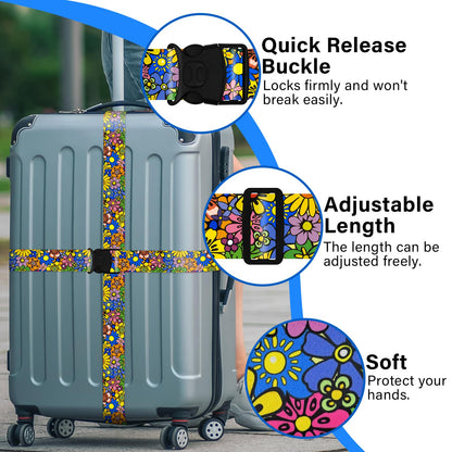 2 Pack Luggage Straps for Suitcases, Adjustable Travel Belt with Double Lock and Quick Release Buckle, Heavy Duty Nylon Bag Packing Strap, Bright Identifiers Business Travel Accessories-Sun Flowers