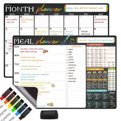 Magnetic Dry Erase Monthly Calendar and Menu Board - 17"x12" Monthly Planner and Meal Planning Board for Fridge - 6 Extra Fine Point Markers Included - Shipped Flat