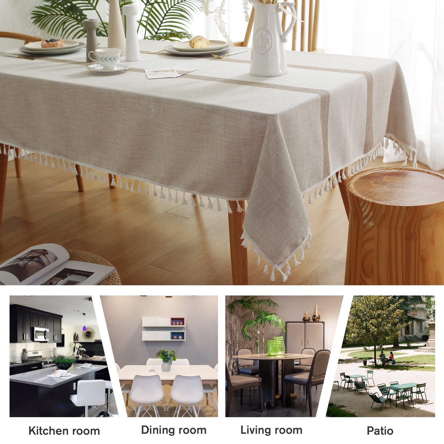 Pahajim Camping Tablecloth Kitchen Table Cloth Rectangle Table Cover for Farmhouse Tablecloths with Tassels Christmas (Double Stripe Coffee, Square,55 x 55 Inch,4 Seats)