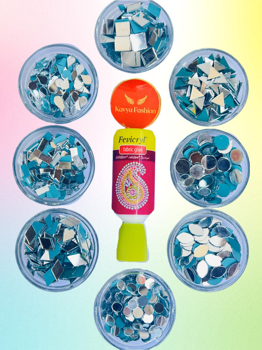 Kavya Fashion 8 Shape Mirror kit for Jewellery Making,Other Craft Work Like Project & lippan Art, mud Work Decoration (Total-800 Pieces, 100 Piece of Each Shape) Free Fabric Glue (Combo of 8)