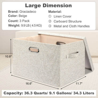 Graciadeco Large 17" 36 Quart Collapsible Stackable Storage Bins with Lids, 3 Packs Beige Linen Fabric Closet Boxes with Lids, Storage Cube Baskets Container Organizers for Bedroom Office(17 x12 x11)