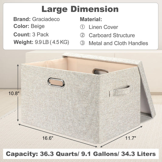 Graciadeco Large 17" 36 Quart Collapsible Stackable Storage Bins with Lids, 3 Packs Beige Linen Fabric Closet Boxes with Lids, Storage Cube Baskets Container Organizers for Bedroom Office(17 x12 x11)