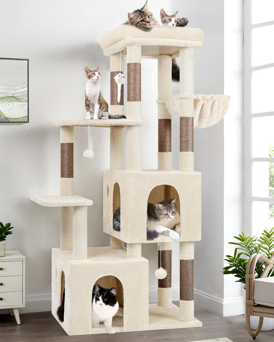 Globlazer Cat Tower for Indoor Cats, Heavy Duty Cat Trees for Large Cats Adult Big Cats Maine Coon Cat Tree Tower with Scratching Post, Extra Large Top Perch, Cat Condos, F61, Beige, 61inch