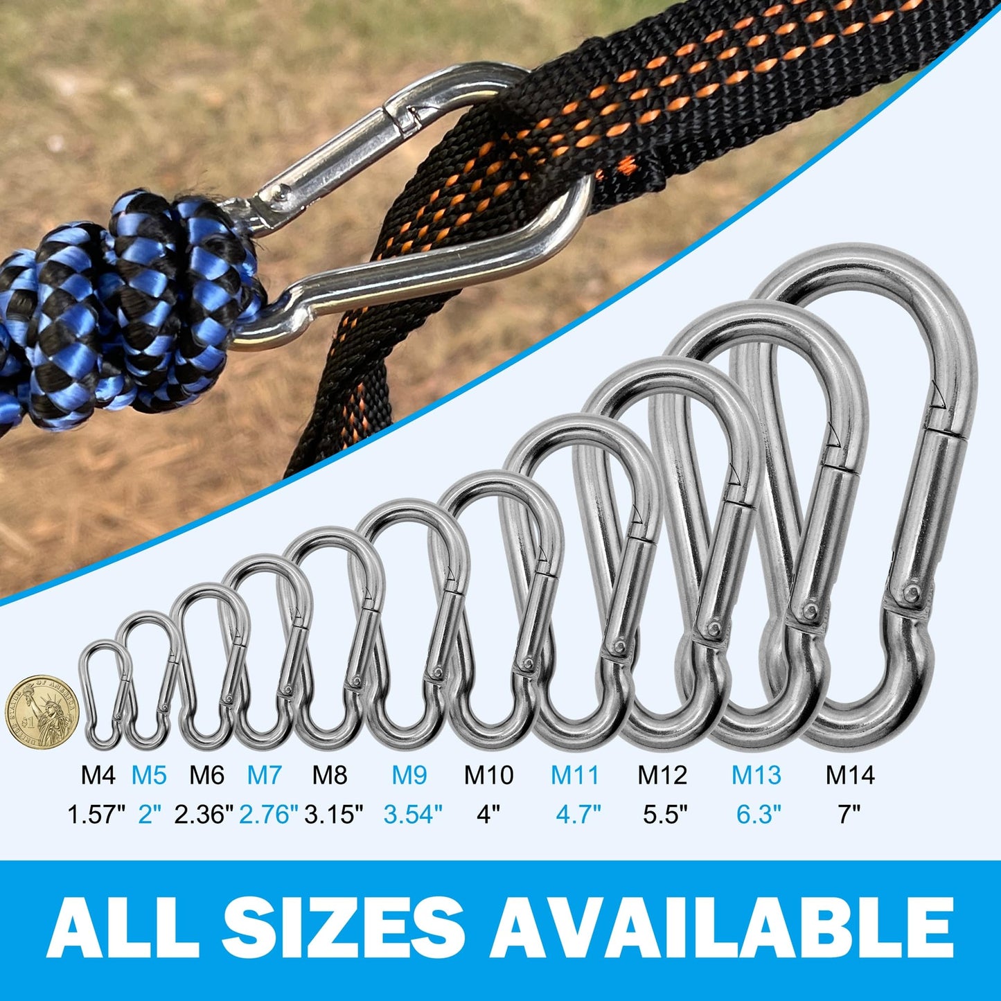 Outmate 304 Stainless Steel Carabiners -2.36 inch Heavy Duty, Durable & Rust-Free Clips for Gym, Swing, Dog Leashes, Hammocks, Keychains, and More(304,M6,Pack of 6)
