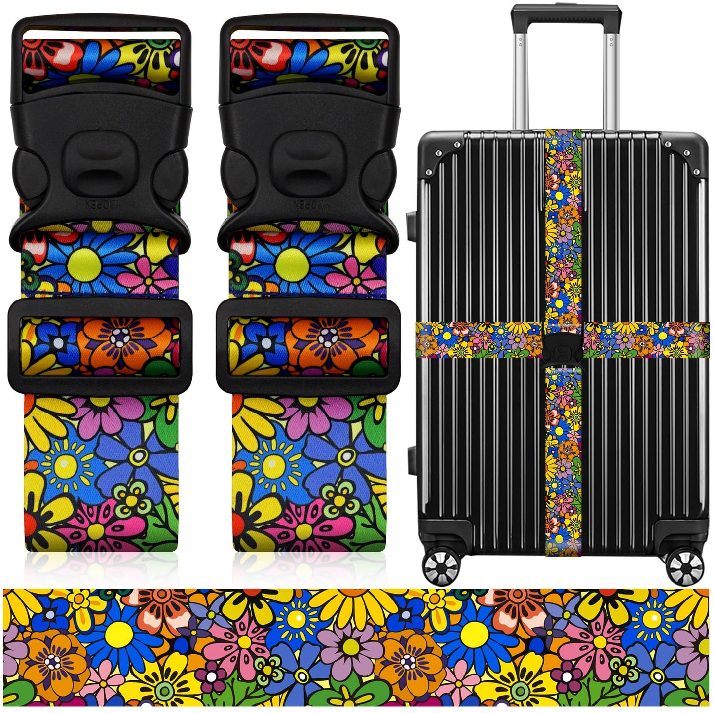 2 Pack Luggage Straps for Suitcases, Adjustable Travel Belt with Double Lock and Quick Release Buckle, Heavy Duty Nylon Bag Packing Strap, Bright Identifiers Business Travel Accessories-Sun Flowers