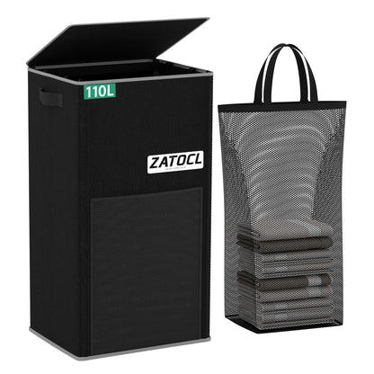 110L Laundry Hamper with Lid with Washing Bag & Front Mesh Bag, Large & Tall Laundry Basket, Collapsible Dirty Clothes Hampers for Bedroom Aesthetic, Bathroom, Dorm, Laundry Room - Easy Carry, Black