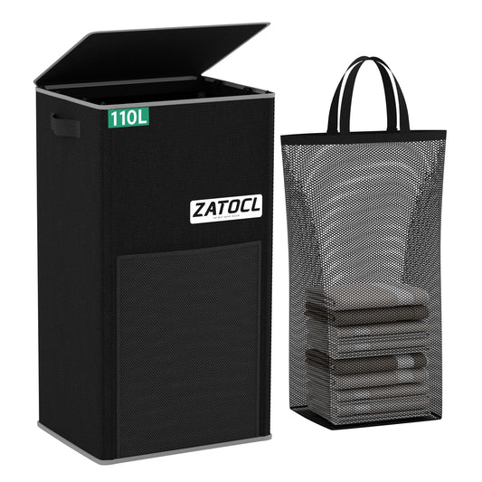 110L Laundry Hamper with Lid with Washing Bag & Front Mesh Bag, Large & Tall Laundry Basket, Collapsible Dirty Clothes Hampers for Bedroom Aesthetic, Bathroom, Dorm, Laundry Room - Easy Carry, Black