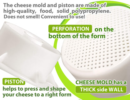 PetriStor Cheese Mold for Cheese Making Cheese with Follower Piston 1.3QT and Cheesecloth - Cheese Form Mold - Cheese Making Basket - Paneer Cheese Press Mold - Molde Para Queso