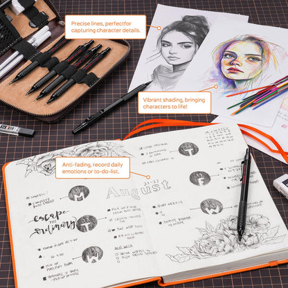 Nicpro 30PCS Black Metal Mechanical Pencil Set in Leather Case, Art Drafting Pencil 0.5, 0.7, 0.9 mm, 2mm Lead Pencil Holders for Sketching Drawing With 16 Tube (6B 4B 2B HB 2H 4H Colors)Lead Refills