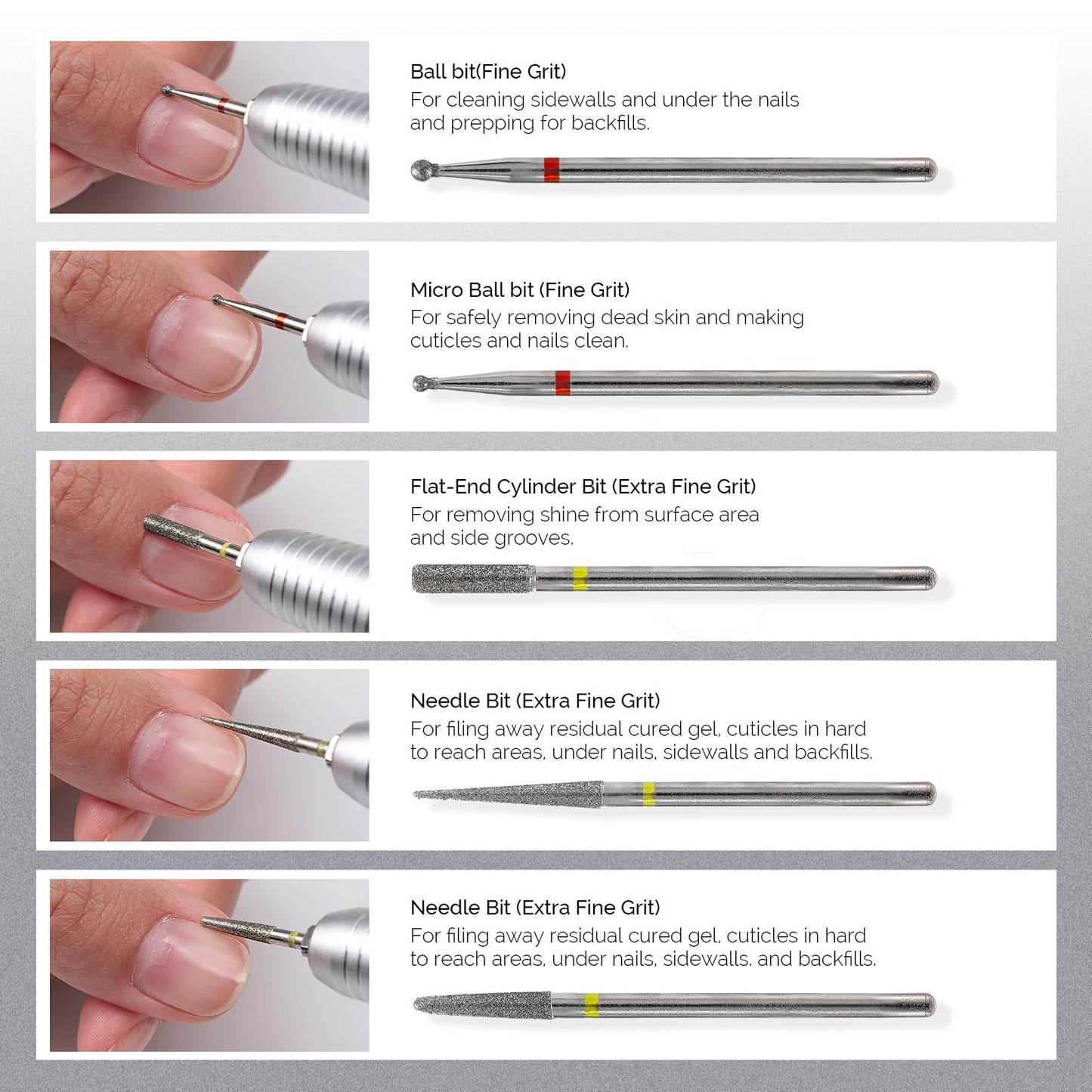 MelodySusie 10pcs Nail Drill Bits Set, 3/32 Inch Diamond Cuticle Nail Bits Kit for Nail Drill E-File, Manicure Pedicure Remover Tools for Acrylic Gel Nails, Salon Home Nail Care Supplies, Silver