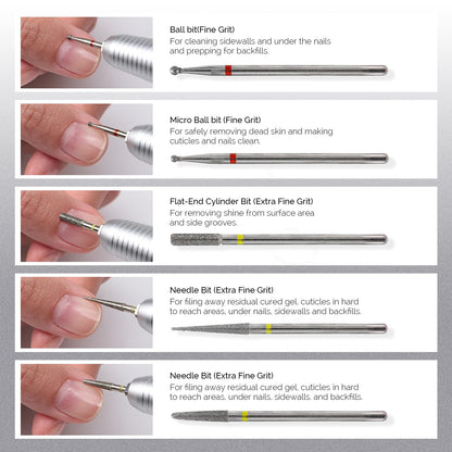 MelodySusie 10pcs Nail Drill Bits Set, 3/32 Inch Diamond Cuticle Nail Bits Kit for Nail Drill E-File, Manicure Pedicure Remover Tools for Acrylic Gel Nails, Salon Home Nail Care Supplies, Silver