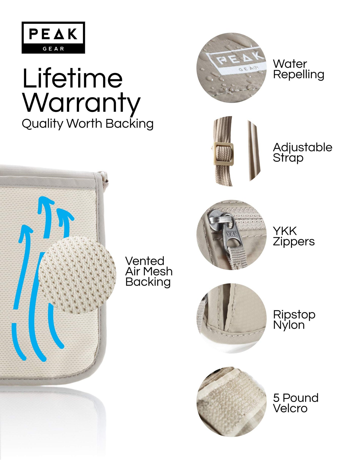 Peak Gear RFID Neck Wallet - The Original Travel Pouch with Adjustable Crossbody Strap + Theft Protection and Lost & Found Service | Beige