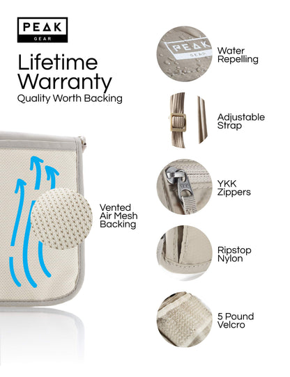 Peak Gear RFID Neck Wallet - The Original Travel Pouch with Adjustable Crossbody Strap + Theft Protection and Lost & Found Service | Beige