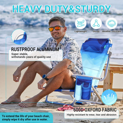 #WEJOY Lightweight Low 2 Pack Beach Chair for Adults, 4-Position Aluminum Folding Camping Chairs with Shoulder Strap, Cup Holder and Padded Headrest, Supports 265lbs for Lawn Outdoor Blue Pattern