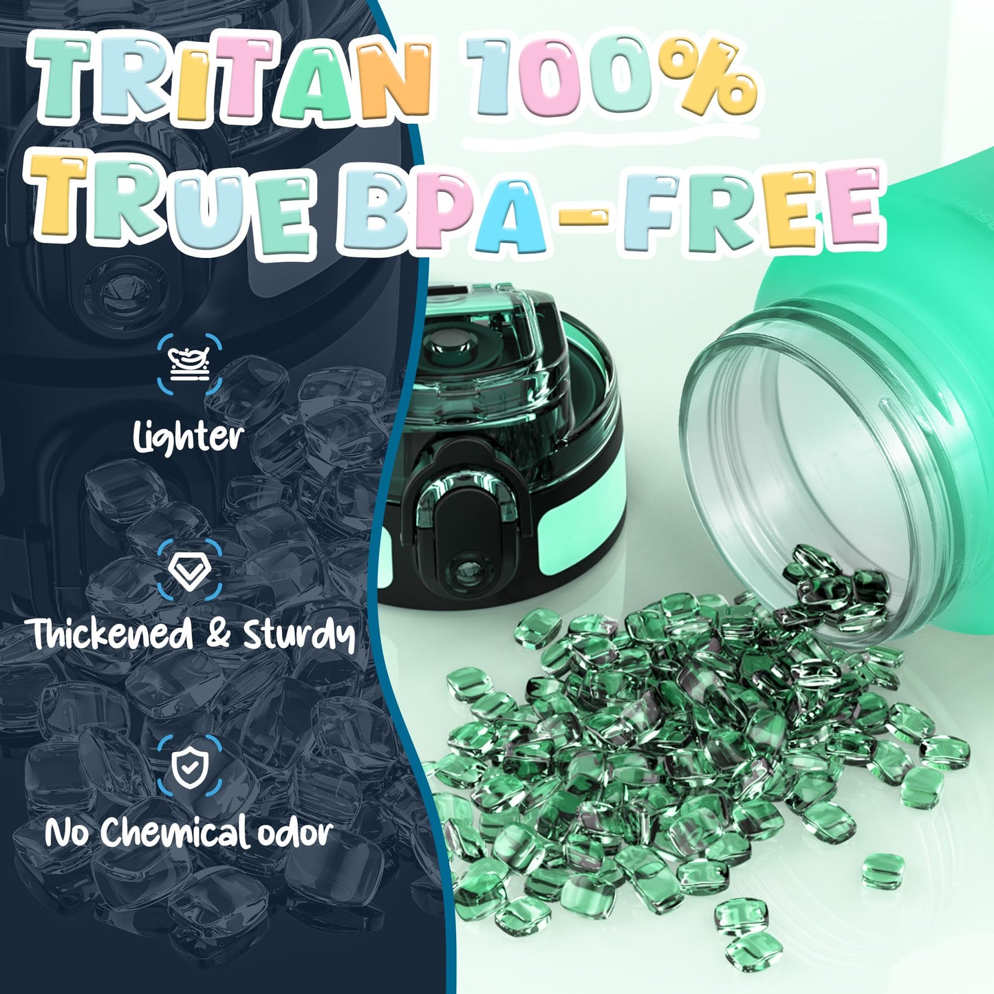 OLDLEY Kids Water Bottle for School, 12 oz (2 lids) BPA-Free Reusable Leak-proof Durable Tritan Plastic Water Bottles with Straw & Chug Lids, Anti-dust Spout Cover (Green Purple)