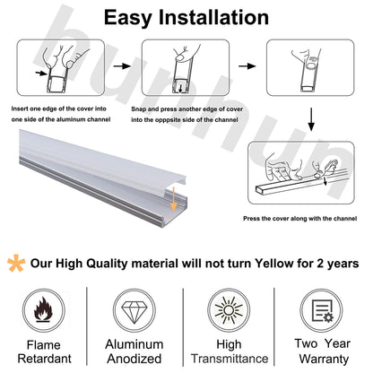 hunhun 10-Pack 6.6ft/ 2Meter U Shape LED Aluminum Channel System with Milky Cover, End Caps and Mounting Clips, Aluminum Profile for LED Strip Light Installations, Very Easy Installation