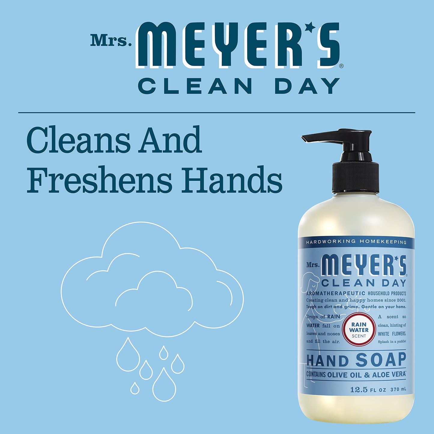 MRS. MEYER'S CLEAN DAY Hand Soap, Made with Essential Oils, Biodegradable Formula, Rain Water, 12.5 fl. oz - Pack of 3