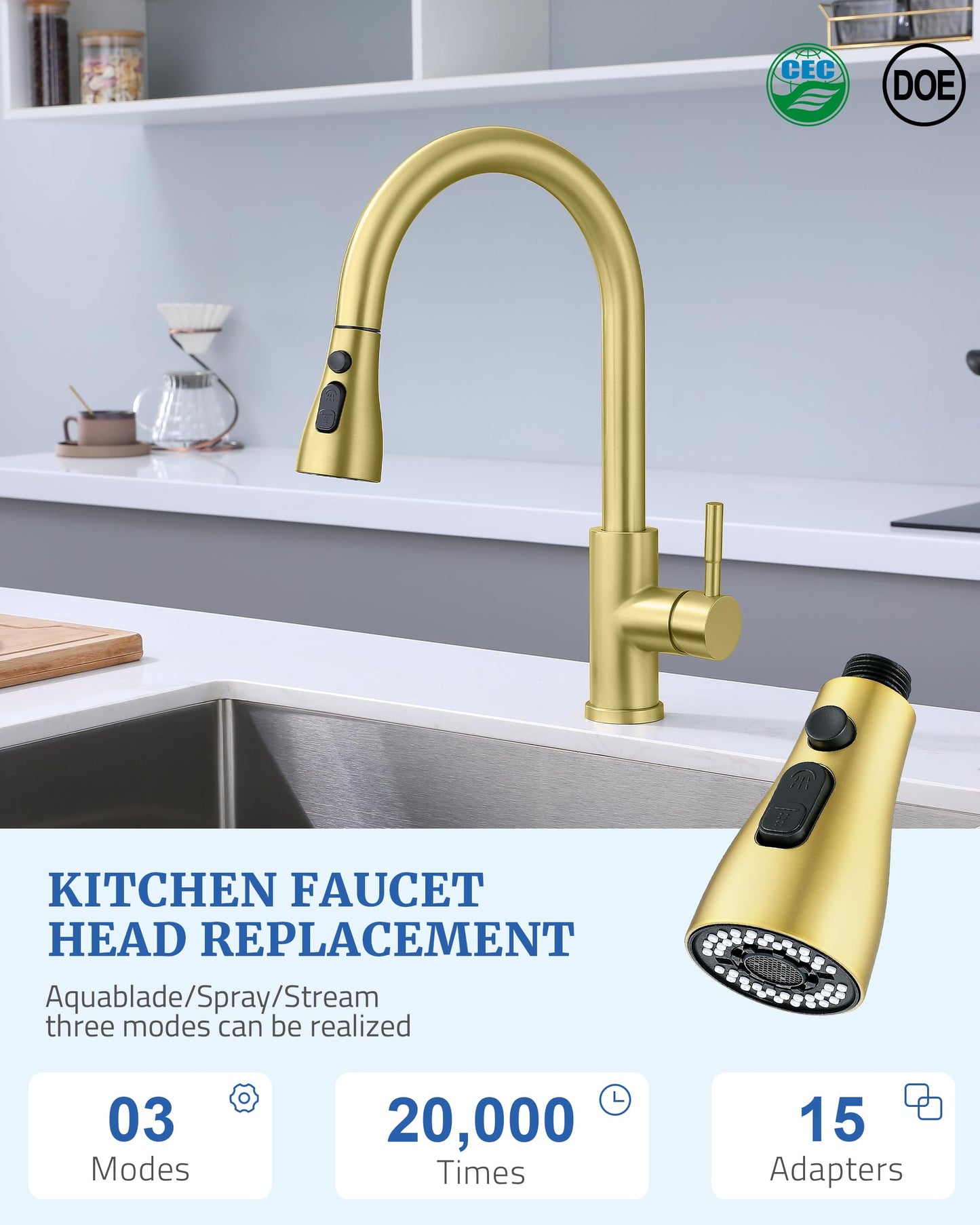 Kitchen Faucet Sprayer Head Replacement - with 15 Adapters Pull Down Faucet Spray Head, Pull Out Faucet Sprayer Nozzle, 3 Function Kitchen Tap Spray Spout Part Connector, Brushed Gold