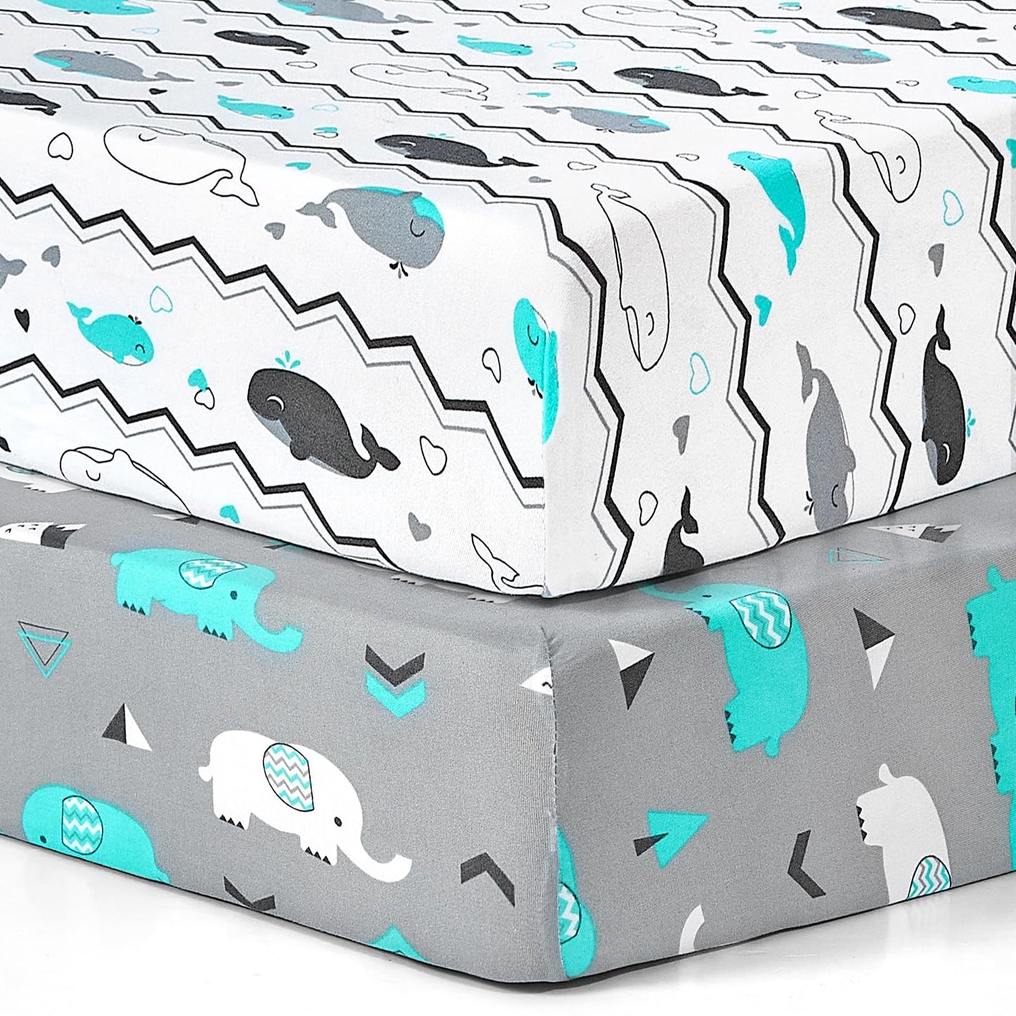 Pack n Play Sheets, BROLEX 2 Pack Mini Crib Sheets,Stretchy Portable Fitted Playard Sheet Set, Convertible Playard Mattress Cover,Ultra Soft Breathable Material,Elephant Whale