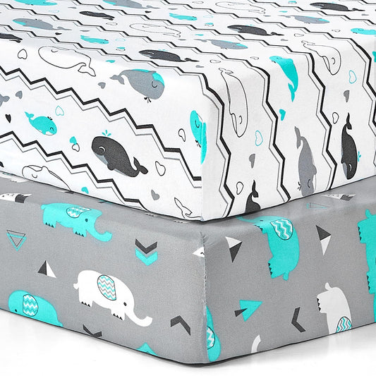 Pack n Play Sheets, BROLEX 2 Pack Mini Crib Sheets,Stretchy Portable Fitted Playard Sheet Set, Convertible Playard Mattress Cover,Ultra Soft Breathable Material,Elephant Whale