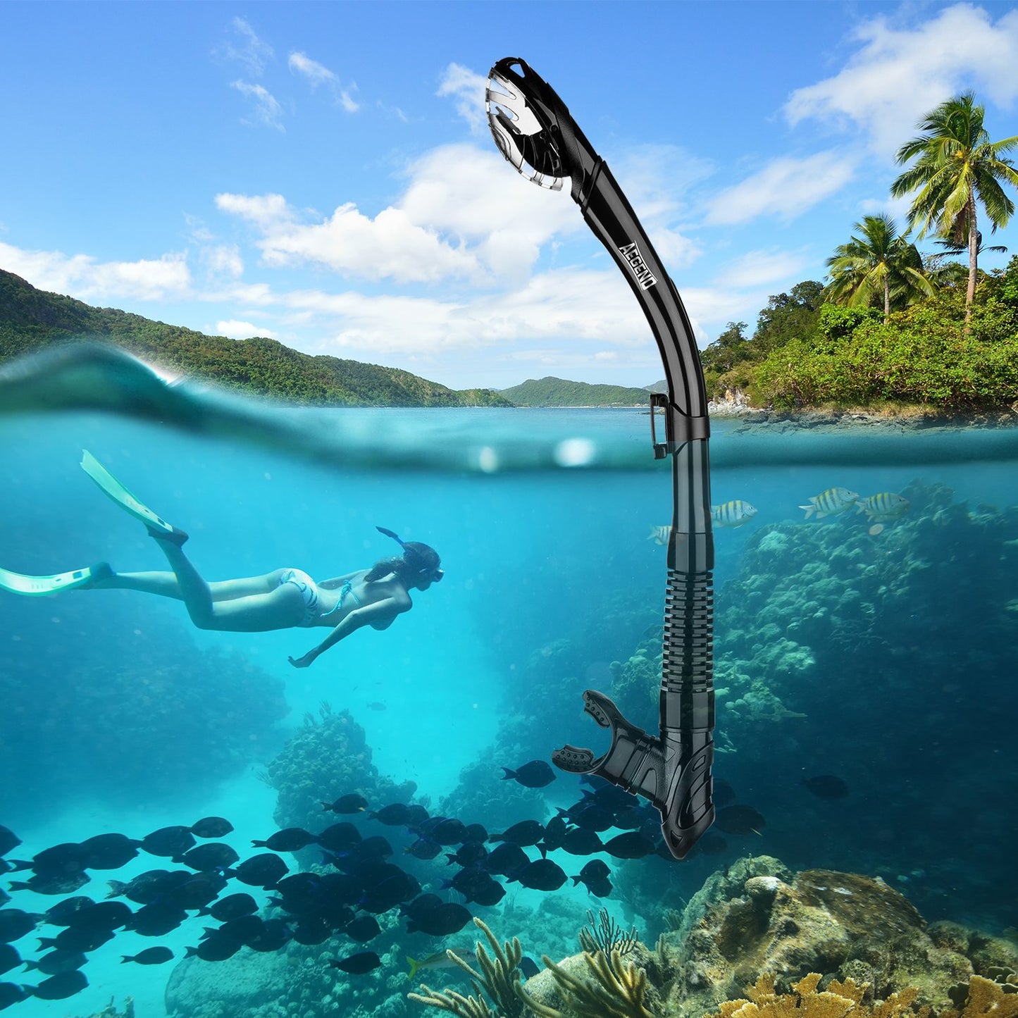 Aegend Dry Snorkel, Easy-Breath Free Diving Snorkel for Snorkeling Scuba Diving Freediving Swimming, with Top Dry Valve and Food-Grade Silicone Mouthpiece for Adult Youth, Black