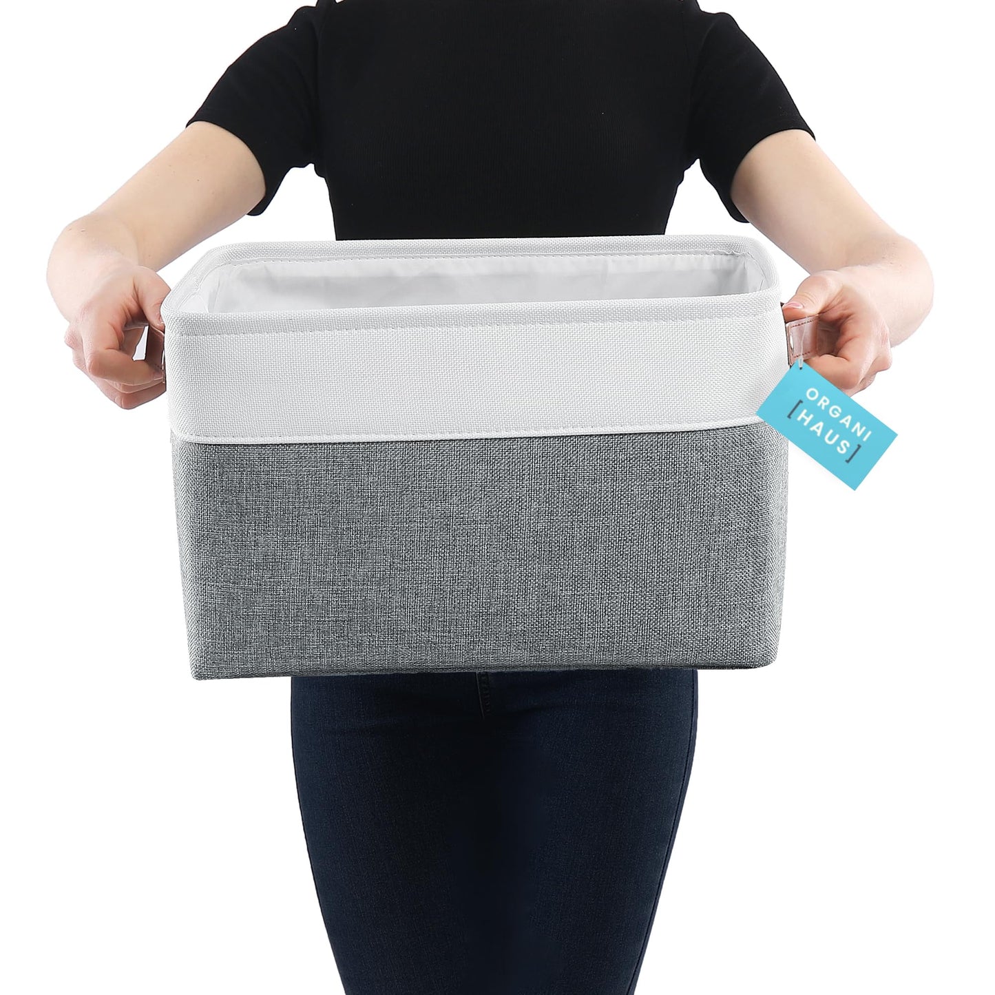 OrganiHaus Large Fabric Storage Baskets for Shelves 3 Pack, 15x11in Closet Storage Bins for Shelves, Cloth Baskets for Organizing, Linen Closet Organizers, Fabric Basket, Gray/White