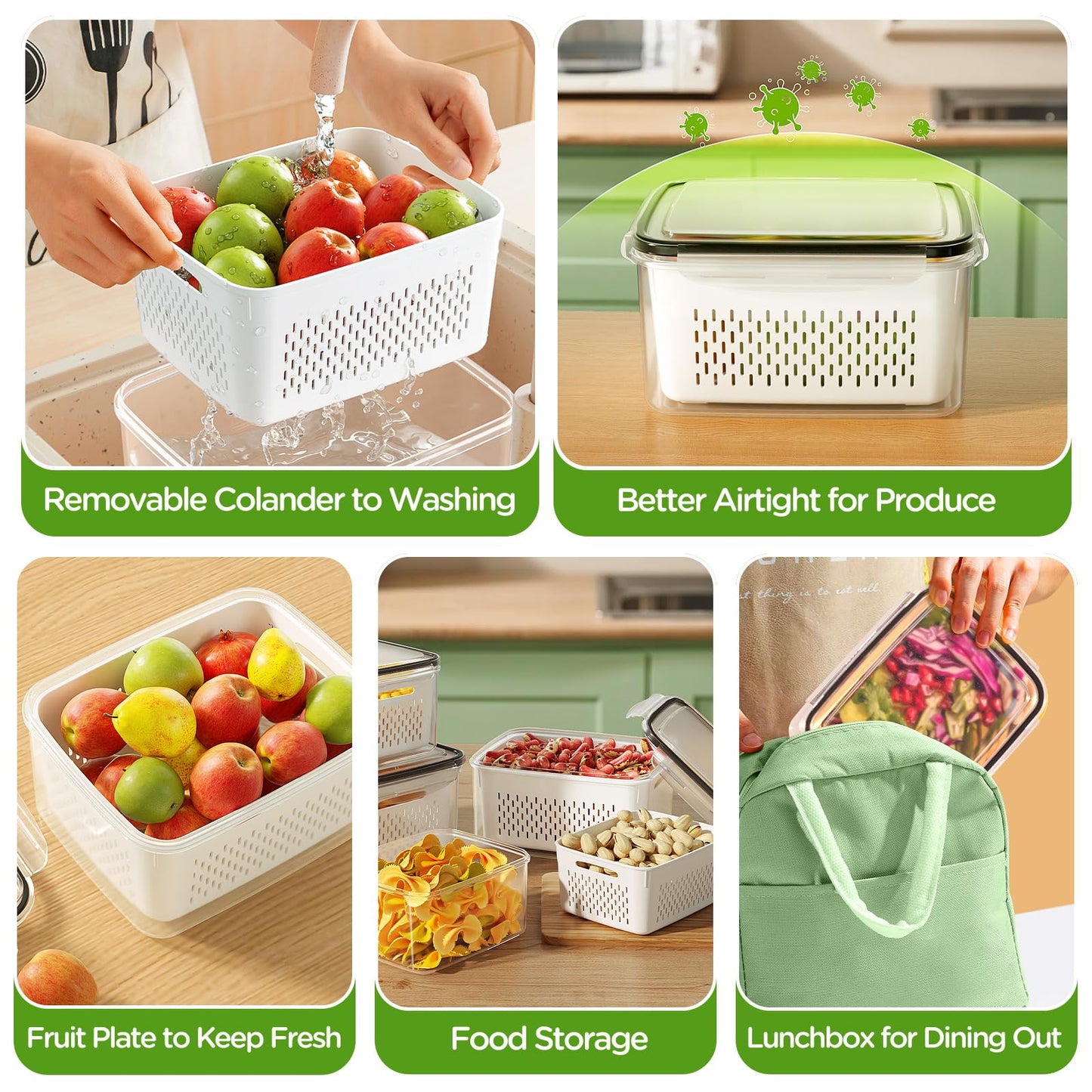 4 PCS Fruit Storage Containers for Fridge, Produce Containers for Fridge with Removable Colander, All-In-One Fruit Washing Bowl with Strainer Microwave/Dishwasher Safe for Salad Berry Lettuce Keeper