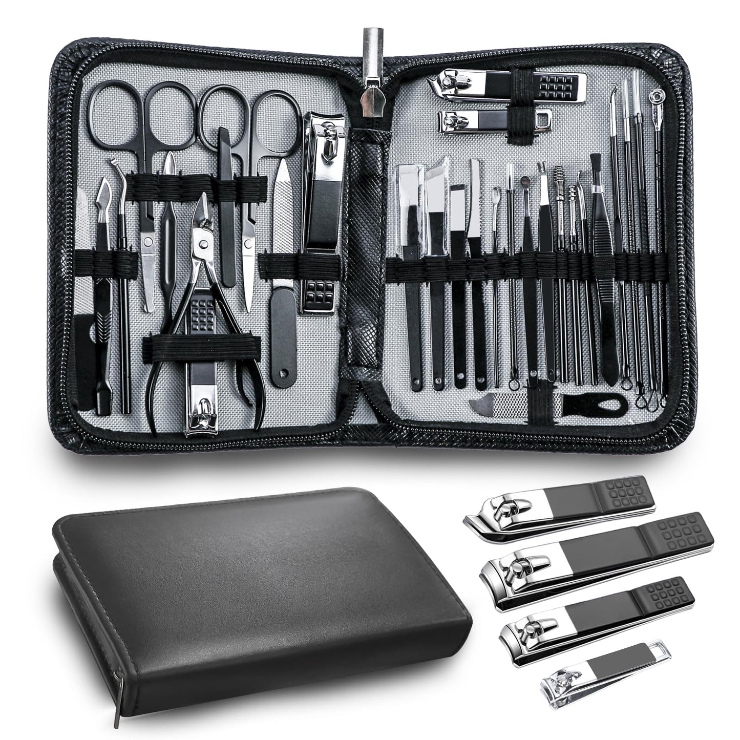 Manicure kit Personal Care Mens Grooming Kit, 30 in 1 Professional Nails Kit Pedicure Kit, Nail Clippers for Men and Beauty Tool Portable Set, with Luxurious Travel Case (Black)