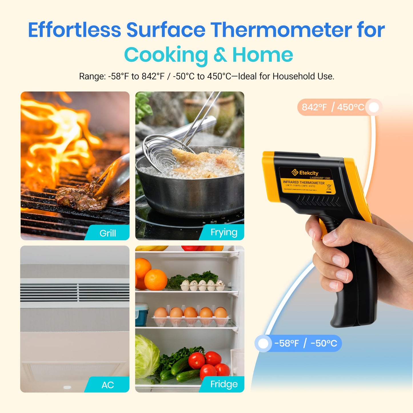Etekcity Infrared Thermometer Laser Temperature Gun 774, Meat Food Candy Oven Thermometer for Griddle Accessories, Heat Gun for Cooking Refrigerator Tools, Yellow