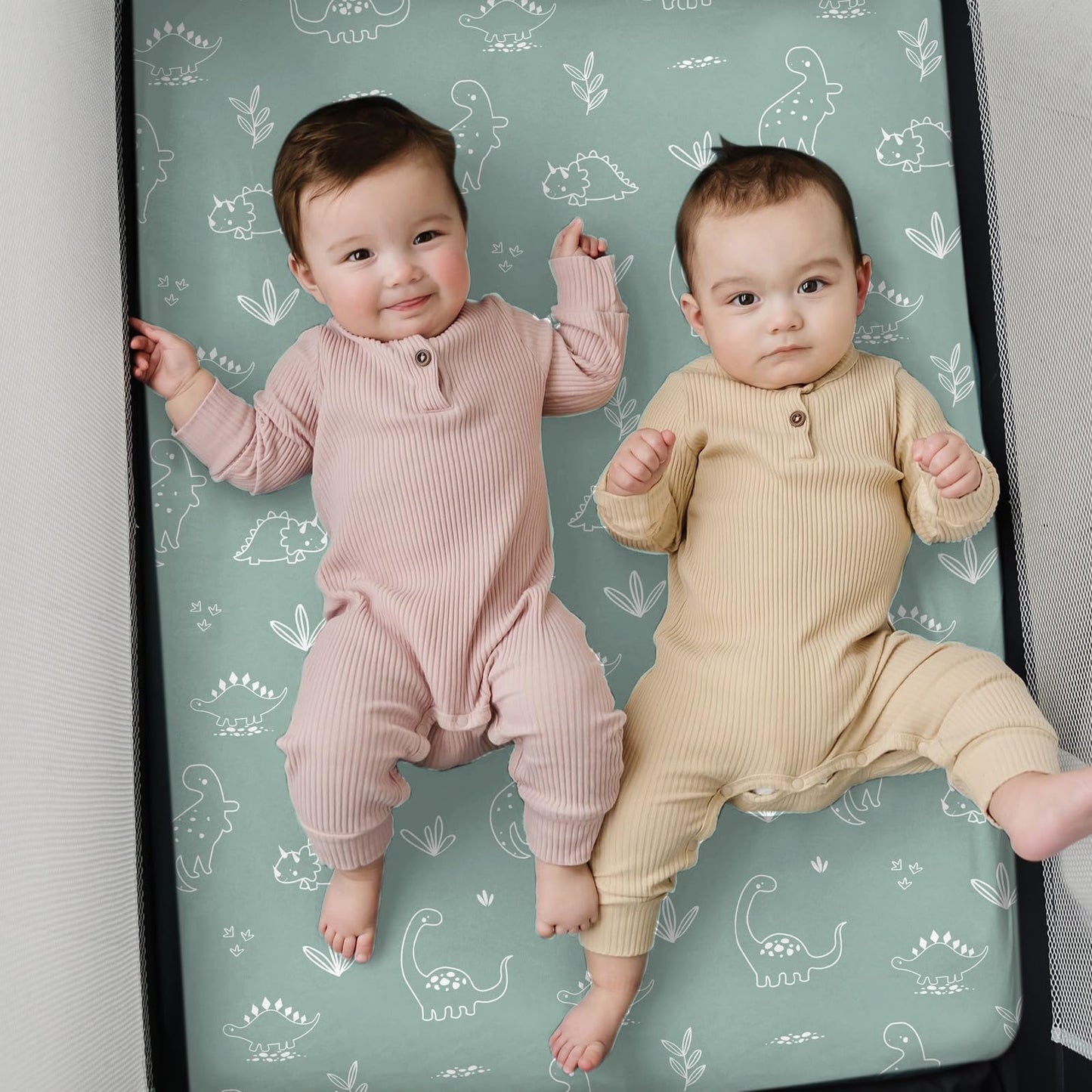 Pack n Play Sheets, BROLEX 2 Pack Mini Crib Sheets,Stretchy Portable Fitted Playard Sheet Set, Convertible Playard Mattress Cover,Ultra Soft Breathable Material,Cute Dinosaurs