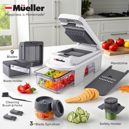 Mueller Pro-Series All-in-One, 12 Blade Mandoline Slicer for Kitchen, Food Chopper, Vegetable Slicer and Spiralizer, Cutter, Dicer, Grater, Kitchen Gadgets Sets with Container, White Sand/Gray