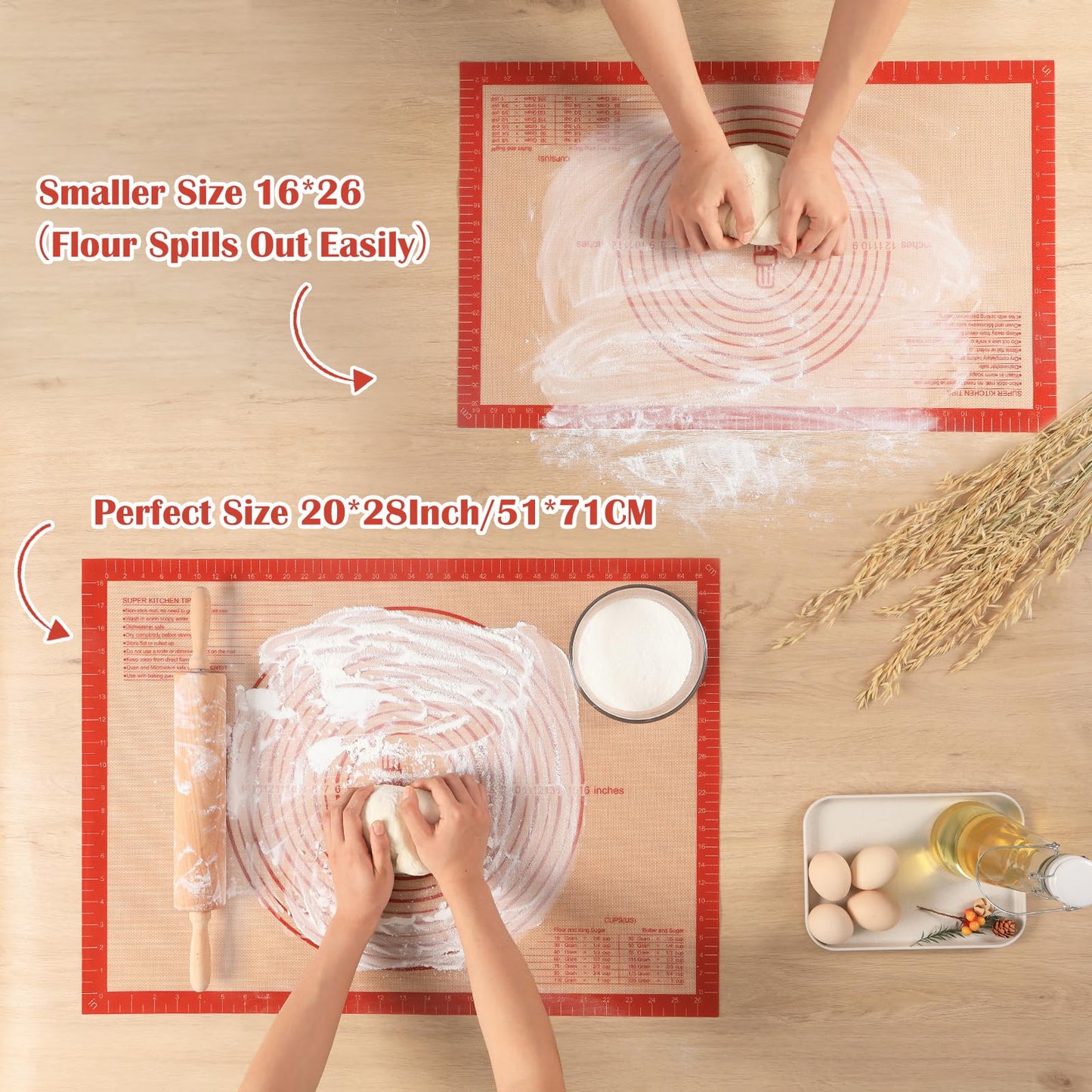 Non-slip Silicone Pastry Mat Extra Large with Measurements 28''By 20'' for Silicone Baking Mat, Counter, Dough Rolling, Oven Liner,Fondant/Pie Crust By Folksy Super Kitchen Red