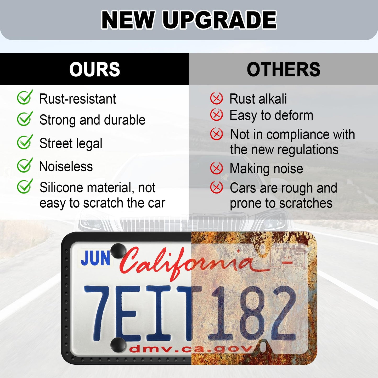 LivTee Silicone License Plate Frames Covers, 2 Pack Universal American Car Accessories License Plate Bracket Holder with Bolts Washer Caps, Rust-Proof, Rattle-Proof, Weather-Proof, Black