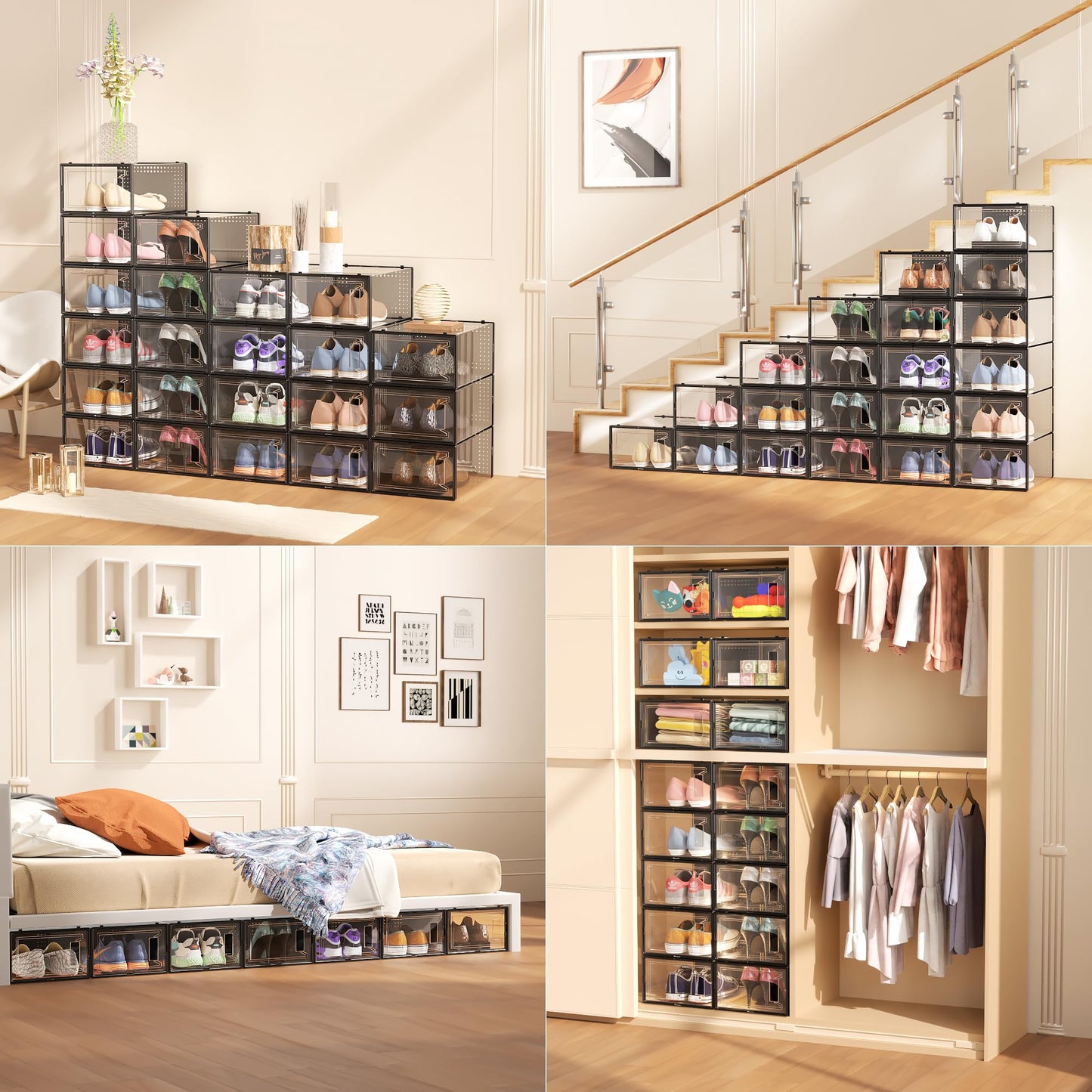 12 Pack Large Shoe Organizer Storage Boxes for Closet, Modular Space Saving Shoe Boxes Clear Plastic Stackable Sneaker Containers Display Case with Lids, Black