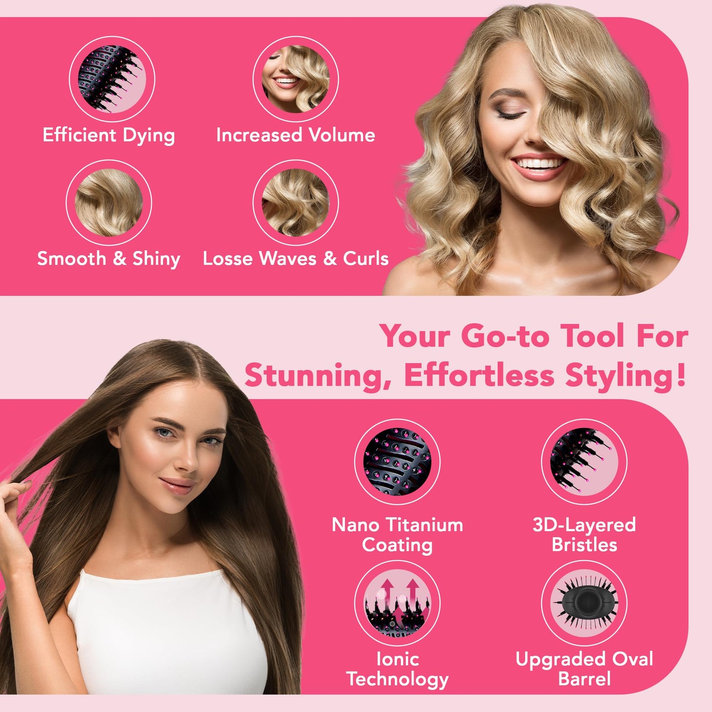 Hair Sensation Pro Blow Dryer Brush, 4 in 1 Styling Tools with ION Generator and Ceramic Coating for Fast Drying Hair Types, Pink