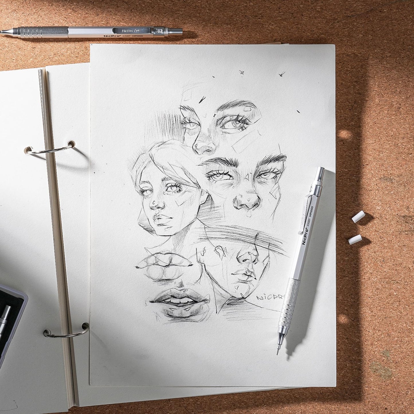 Nicpro 0.7 Metal Mechanical Pencil Set with Case, 3PCS MP1000 0.7mm Artist Lead Pencil With 8 Tube HB Refills, 3 Erasers, 9 Eraser Refill For Architect Art Drafting Drawing Engineering, Sketching