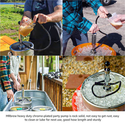 MRbrew Keg Party Pump, American D System Beer Keg Tap Keg Hand Pump 4'' Picnic Pump with Beer Faucet & Beer Hose, Chrome-Plated Keg Draft Beer Party Pump with 2 Hose Clamps Kegerator Pump for Homebrew