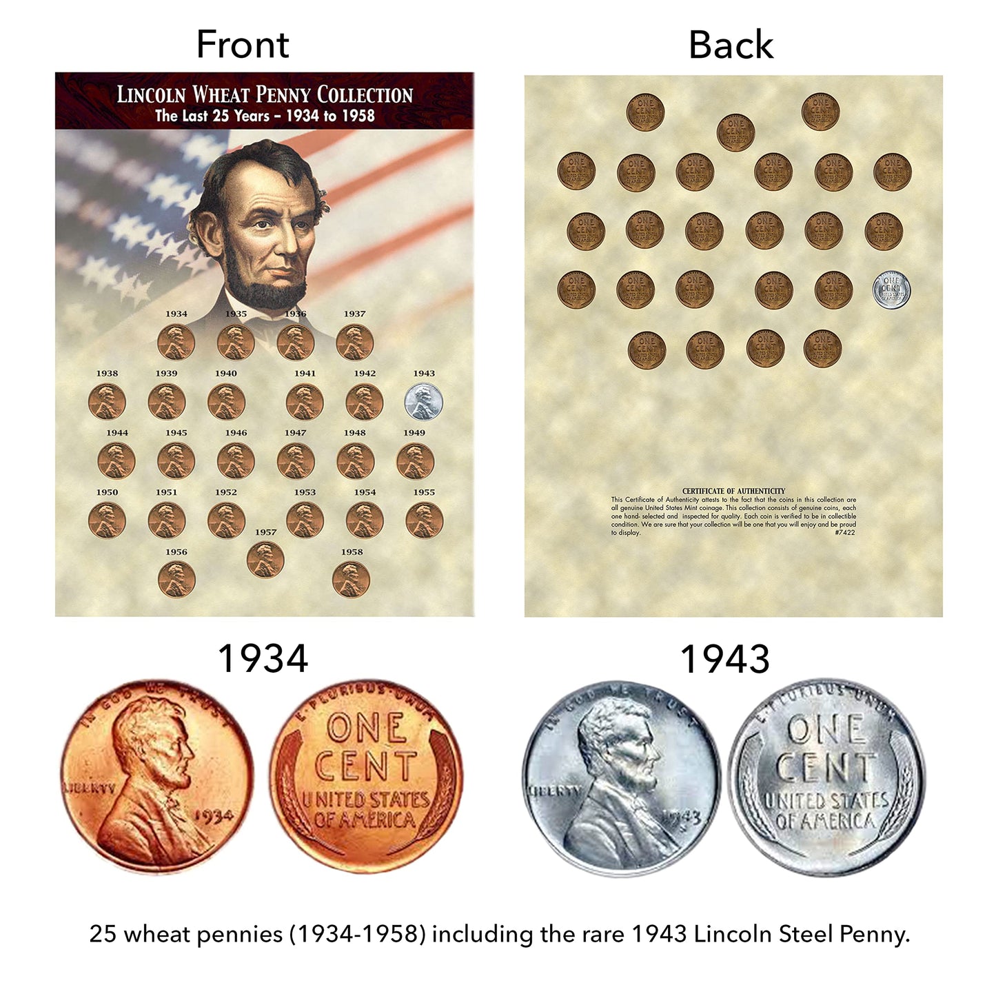 Lincoln Wheat Penny Collectors Coin Set 1934–1958 (25 Coins) with 1943 WWII Steel Strike Penny Pack – The Last 25 Years Collection by American Coin Treasures