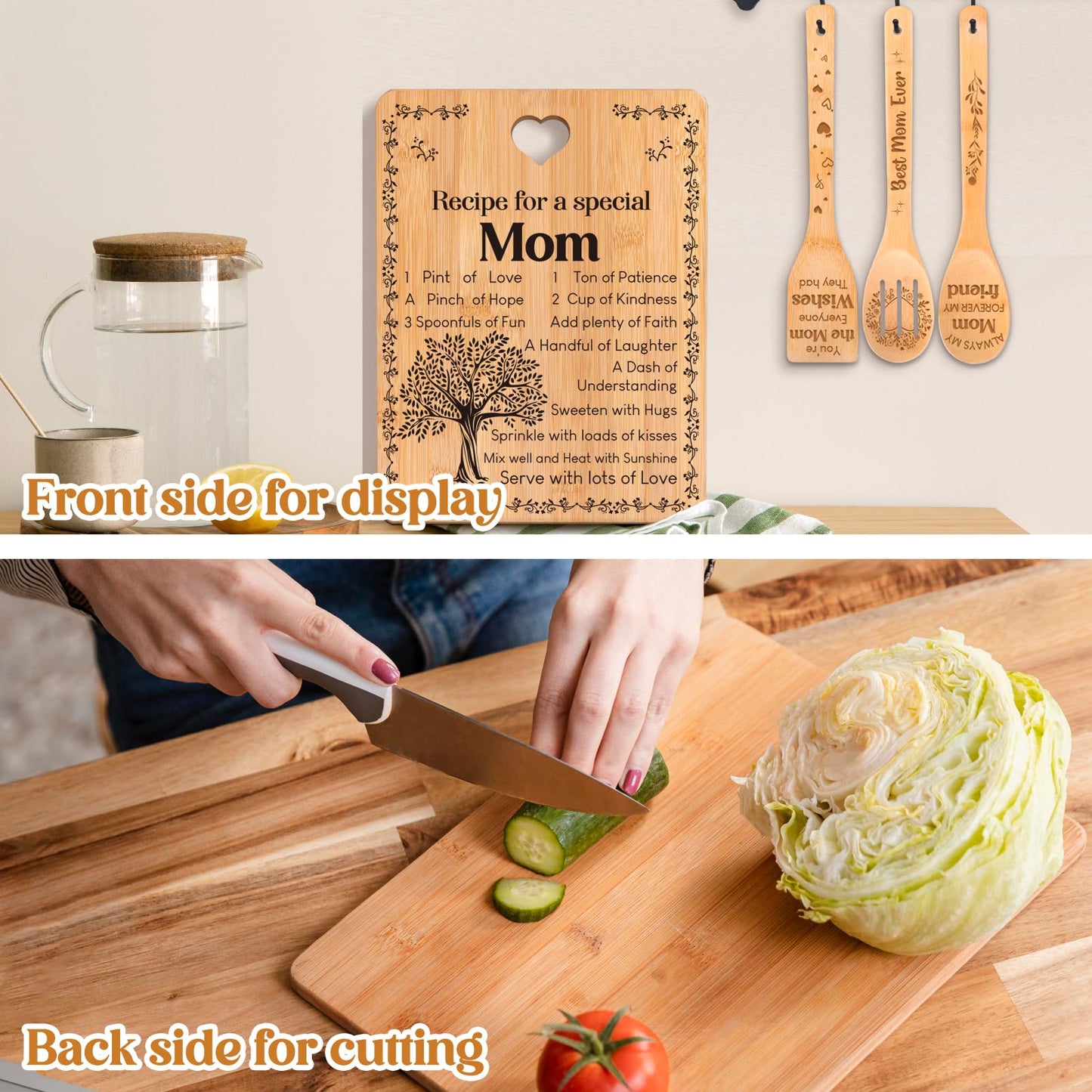 Mom Birthday Gifts - "Recipe for a Special Mom" Gifts for Mom Cutting Board Set, Bamboo-Made Engraved Utensil Set Birthday Presents for Mom