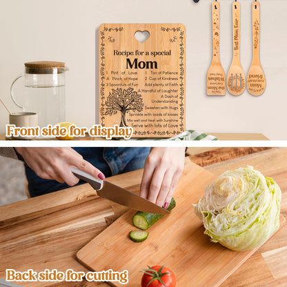 Mom Birthday Gifts - "Recipe for a Special Mom" Gifts for Mom Cutting Board Set, Bamboo-Made Engraved Utensil Set Birthday Presents for Mom