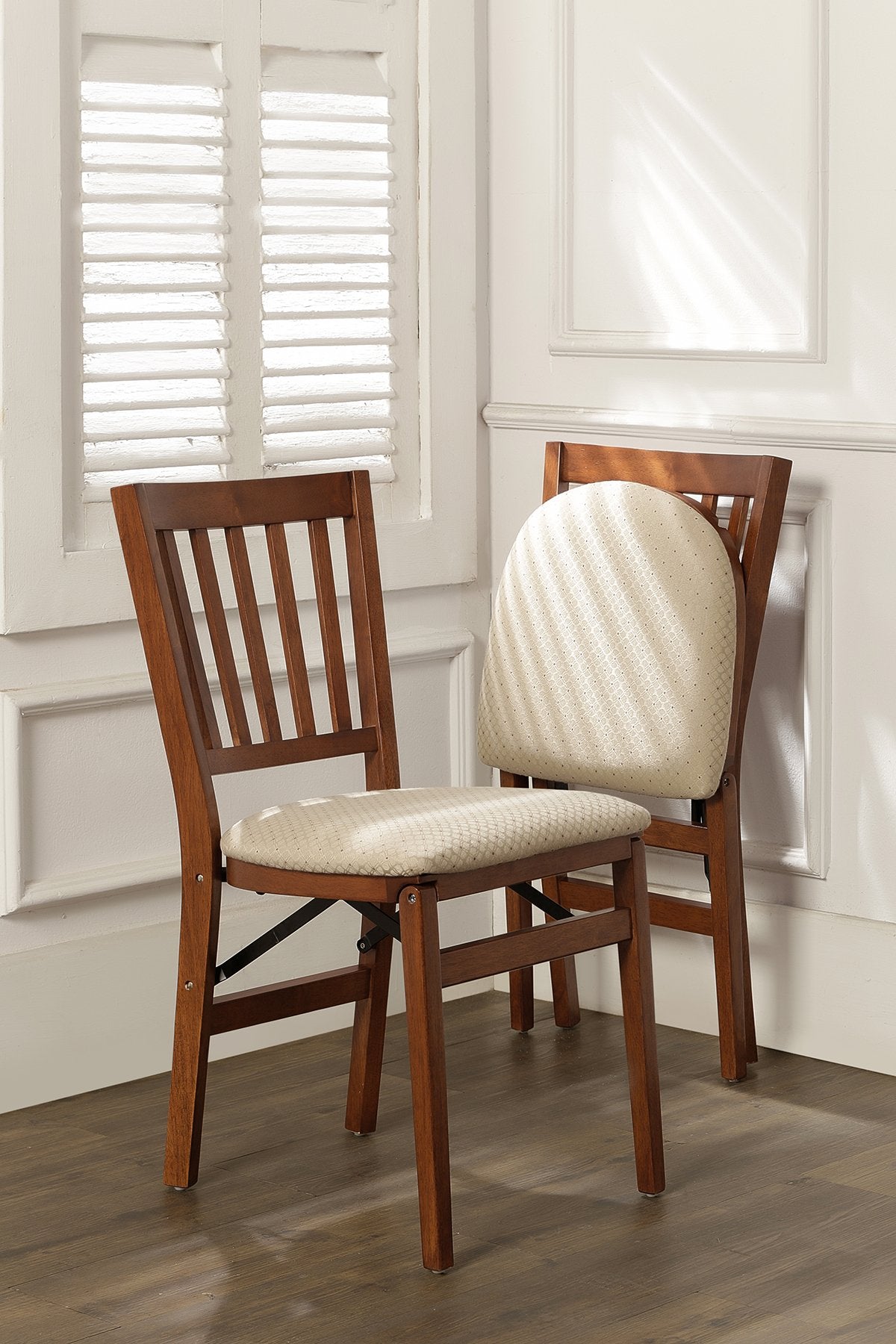 MECO Stakmore School House Wooden Folding Chairs with Padded Seats, Set of 2 - No Assembly Foldable Dining Chairs, Steel Folding Mechanism, Upholstered Cushion, Space-Saving, Fruitwood Frame