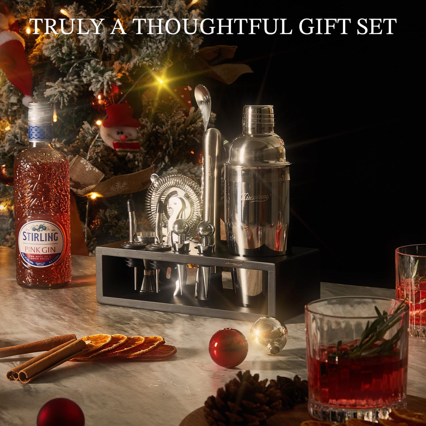 KITESSENSU 12-Piece Cocktail Shaker Set with Stand | Mixology Bartender Kit Bar Set with Essential Bar Accessories for Home Bar: Martini Shaker, Jigger, Muddler, Bar Spoon | Drink Mixer Cocktail Kit