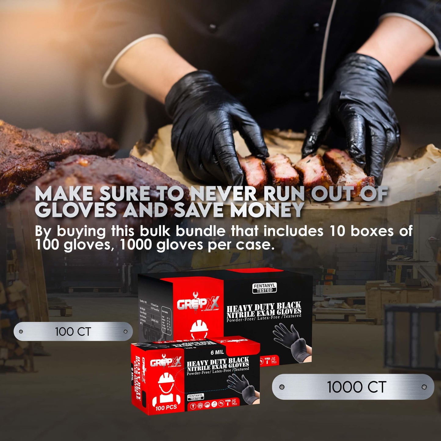 London Labs Heavy Duty 6 Mil Black Nitrile Gloves - Disposable, Latex & Powder Free | Mechanic, Food Prep & Tattoo | Rubber Gloves for Cooking, Cleaning & Household | Pack of (100)