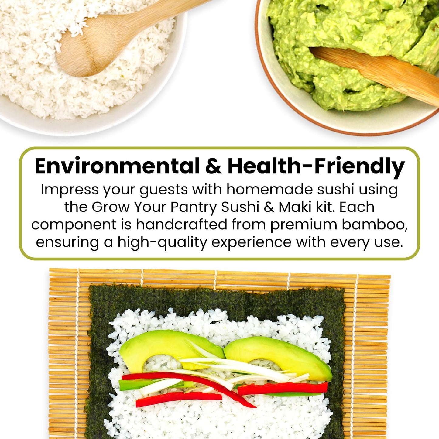 GROW YOUR PANTRY Sushi Making Kit With 2 Bamboo Sushi Rolling Mat, Rice Shaping Tool, Maki Maker, Maki Shaper, Condiment Tray, Chopsticks, and Rice Paddle - Sushi Making Kit for Beginners