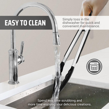 Kaluns Kitchen Tongs for Cooking Grilling Set of 4, BBQ Grill Tongs With Silicone Tip Stainless Steel Heat Resistant, Non-stick Pull Lock, Incl 7, 9, 12 Inch Tong Plus a Silicone Spatula