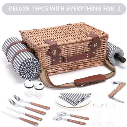 Picnic Basket with Blanket and Wine Pouch for 2 Wicker Picnic Set with Insulated Liner Cooler Bag Hamper for Camping,Wedding - Stripes