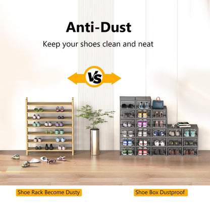 12 Pack Large Shoe Organizer Storage Boxes for Closet, Modular Space Saving Shoe Boxes Clear Plastic Stackable Sneaker Containers Display Case with Lids, Black