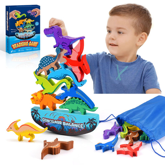 IPOURUP Dinosaur Toys for Kids 3-5: Wooden Stacking Montessori Toys for 3 4 5 6 7 8 Year Old Boys Girls Balance Competition Game for Family Birthday Gifts for Kids Ages 4-8 (Classic Version)
